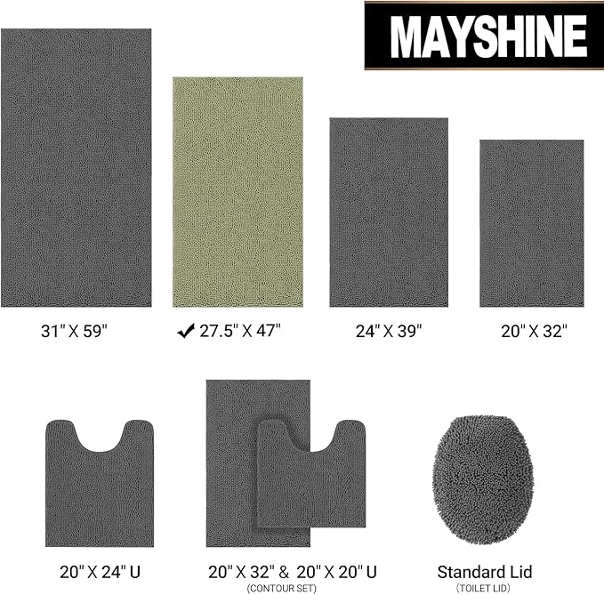 MAYSHINE Plush Shaggy Chenille Bath Mat | Extra Soft, Super Absorbent, Non-Slip Bathroom Rug | Fluffy Microfiber, Area Rug Sets for Bathroom Floor, Kitchen, Living Room | 47"x27" | Sage Green