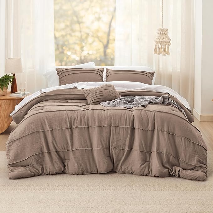 Bedsure California King Comforter Set - 4 Pieces Pinch Pleat Bed Set, Brown Boho Bedding for All Season, 1 Soft Comforter, 2 Pillowcases, 1 Decorative Pillow