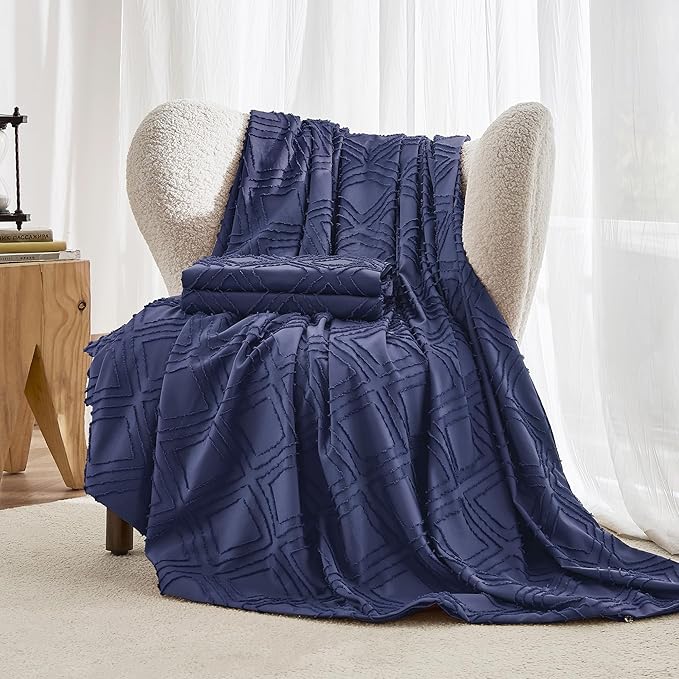 JELLYMONI Duvet Cover Full Size Navy Blue - 3PCS Boho Duvet Cover Set Plaid Polyester Tufted Bohemian Jacquard Knit Textured Comforter Cover 80×90in Rhombic Geometric Pattern Corner Ties & Zipper