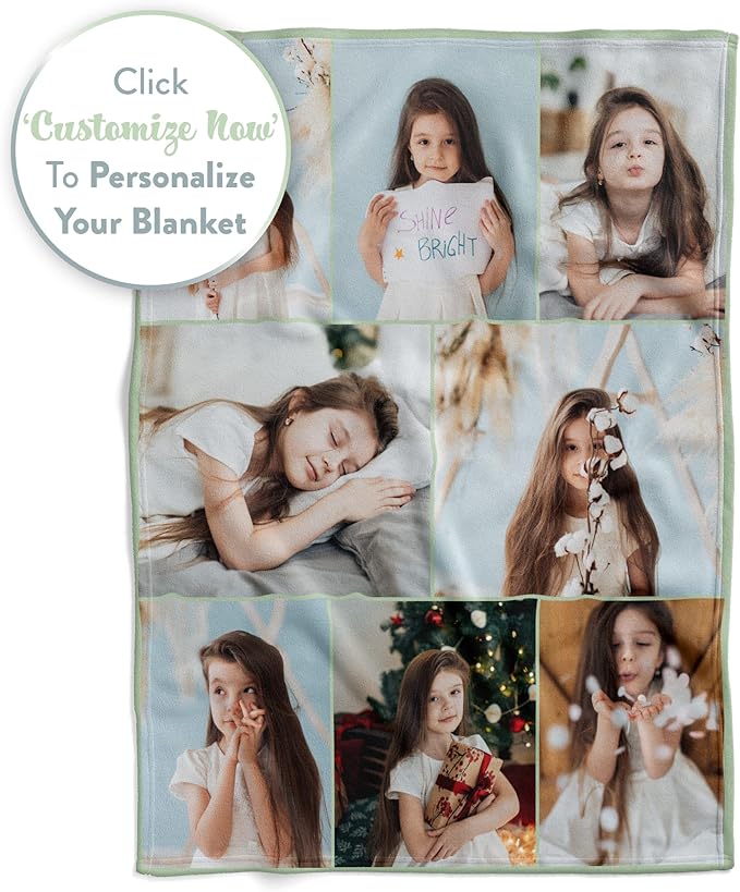 Ships Next Day, Custom Blanket with Picture - Printed in USA, Personalized Photo Blanket 8-Pic(Fleece – 96x120)