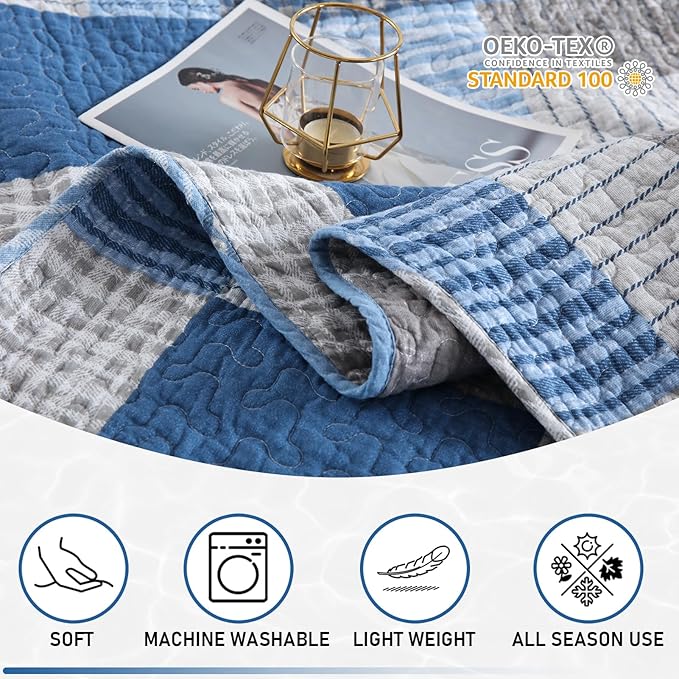 KALOOLA Plaid Quilts Queen Size, 100% Cotton Soft Bedding Set with 2 Pillow Shams, Farmhouse Lightweight Blue Grey Queen Bedspread Coverlet Set for All Season, 3 Pieces