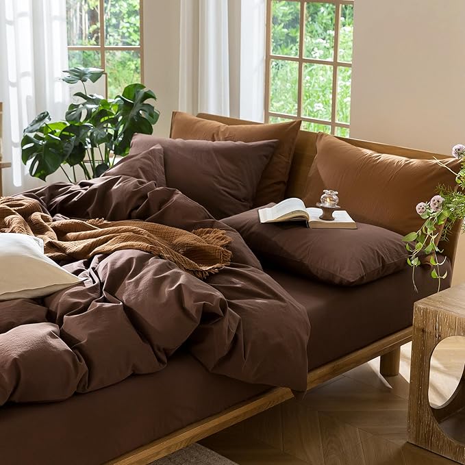 MooMee Bedding Duvet Cover Set 100% Washed Cotton Linen Like Textured Breathable Durable Soft Comfy (Solid Cocoa Brown, Super Queen 90"x98")