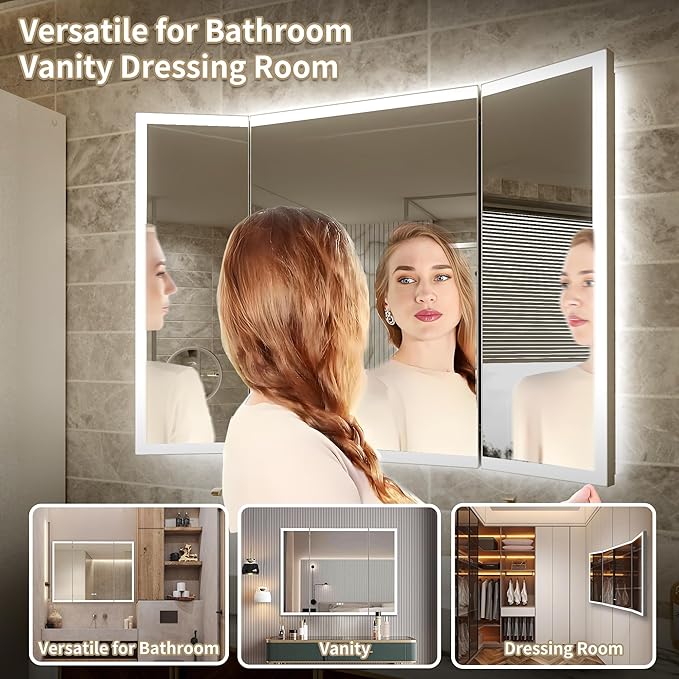 48x36 Trifold Bathroom Mirror with Lights with Removable Magnifier, 180° Foldable LED Mirror for Bathroom, Front&Backlit, Wall Mounted, Stepless Dimming, Color Temper Change, Anti Fog