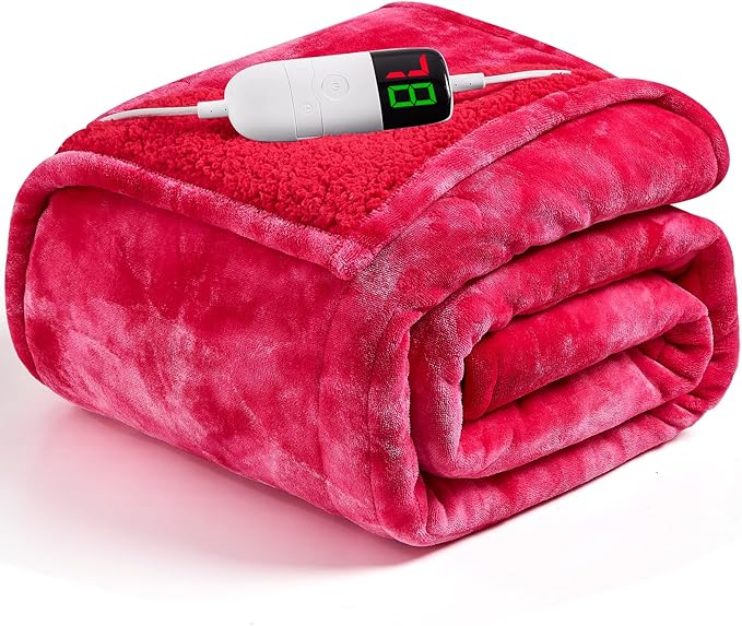 greenoak Heated Electric Blanket Throw, Faux Fur Sherpa Heating Blanket for Sofa Bed, Warm Winter Gifts for Mom/Grandma, Heater Lap Blankets 5-Position Timer &10 Heating Levels 72''*84" Red