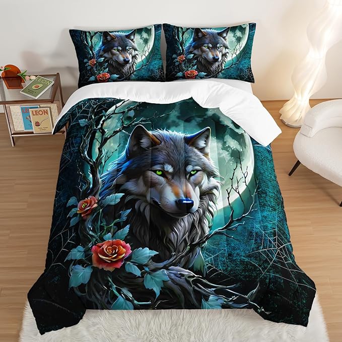 Wildlife Themed Bedding Wolf Comforter Set,Spooky Spider Web Vine Print Comforter King Kids Bed in a Bag,Moonlight Aesthetic Bedding Sets for Boys Teens Room Decor with 2 Pillowcases.