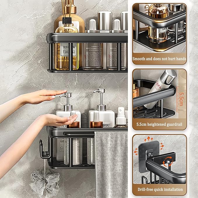 EVALAND Aluminum Shower Caddy, Adhesive Shower Shelves, 2-Pack with Hooks and Rod for Towels, No Drill Wall Mount Rustproof Premium Organizer for Bathroom, Kitchen, Silver