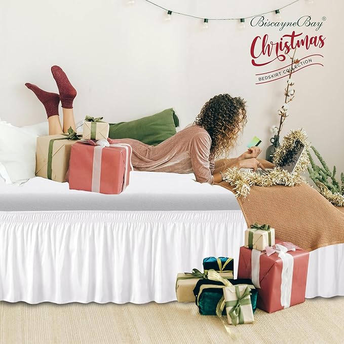 Biscaynebay Wrap Around Bed Skirts for King & Cal King Beds Extra Short Drop of 9", White Elastic Dust Ruffles Easy Fit Wrinkle & Fade Resistant Silky Luxurious Fabric Solid Machine Washable