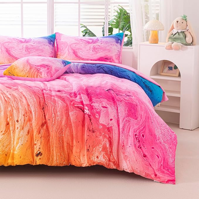 6Pcs Tie Dye Twin Comforter Set for Girls Kids, Watercolor Marble Abstract Art Pink Bedding Sets Twin Bed in A Bag (1 Comforter, 1 Flat Sheet, 1 Fitted Sheet, 1 Cushion Cover, 2 Pillowcases)