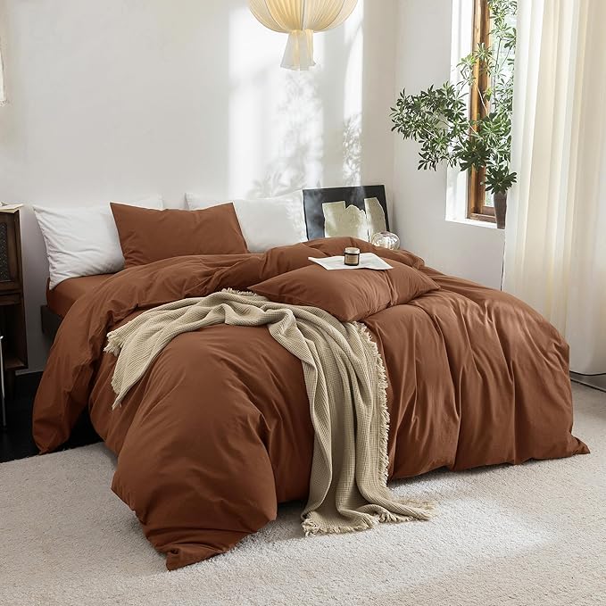 FOSSA Duvet Cover Set 100% Washed Cotton Linen Feel Super Soft Breathable Cozy 3 Pieces Bedding Sets Solid Dark Orange Super King