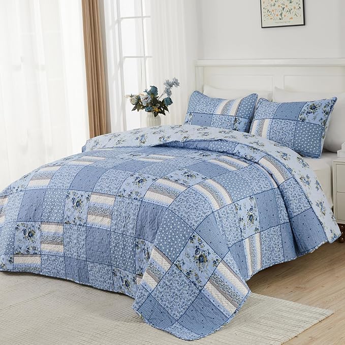 ENJOHOS 128x120 California King Quilt Sets Oversized, 3 Pcs Blue Plaid Floral Cal King Bedspread Coverlet Set for All Seasons, Patchwork Reversible Bedding Set