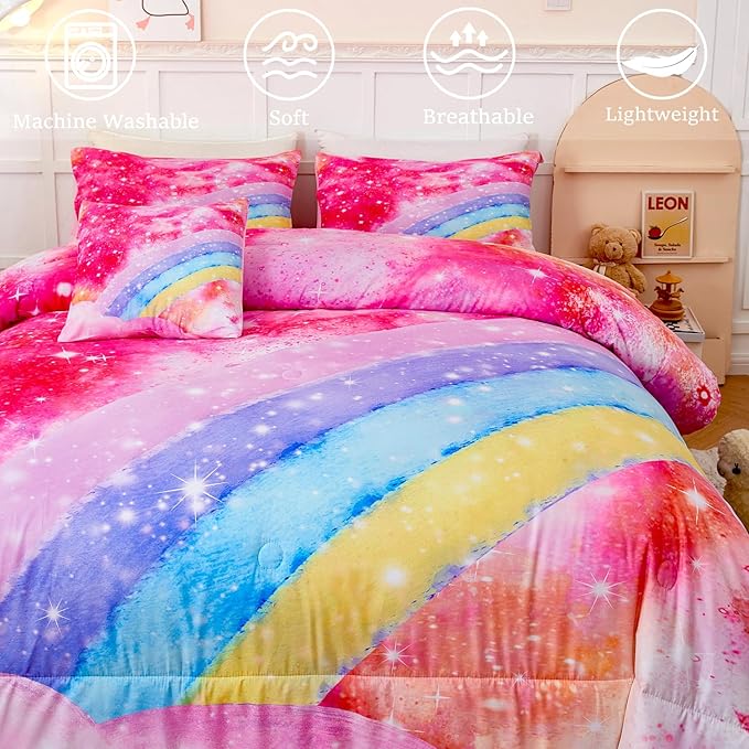 ANGIYUIN Rainbow Twin Size Comforter Set for Girls, 6 Pieces Sparkle Tie Dye Pink Girls Bedding Comforter Sets, Galaxy Kids Bed Sets, Gradient Glitter Soft Bed in A Bag wit Sheets
