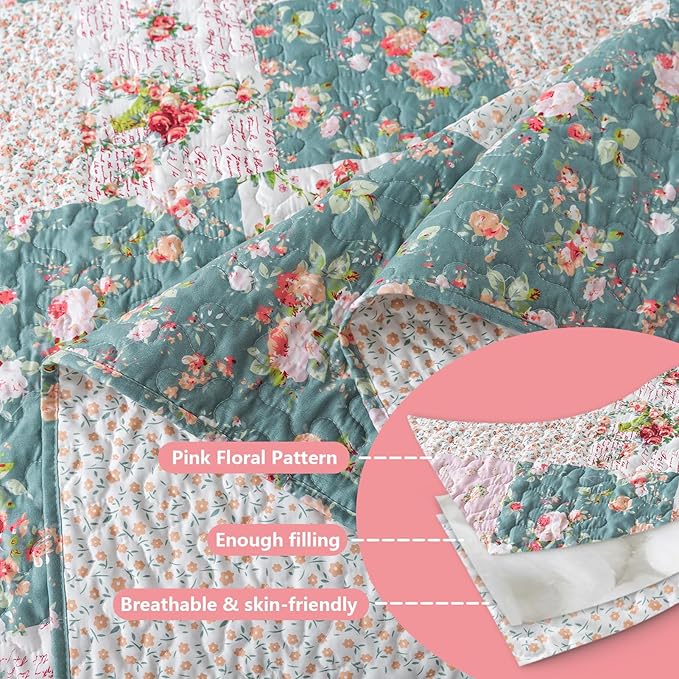 BEDIFANY French Style Queen Size Quilt Set for Farmhouse - 3 Pieces Cotton Filling Garden Lightweight Bedspreads Queen with Floral Pattern - All Season Quilt Bedding Sets for Decorations