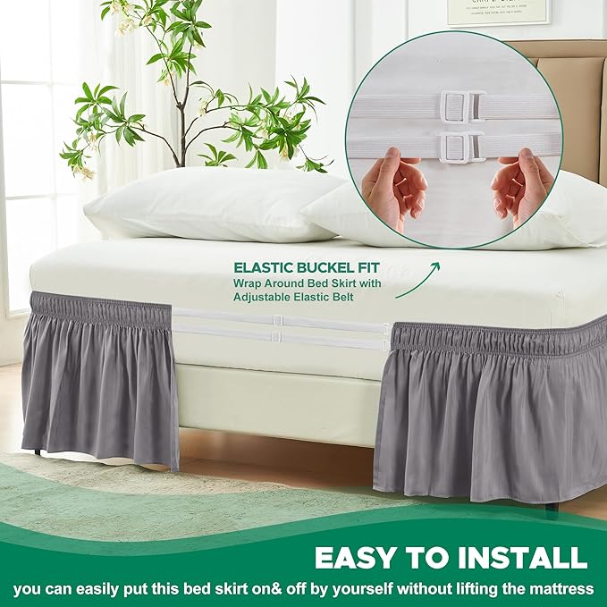 Biscaynebay Wrap Around Bed Skirts for King & Cal King Beds 14" Drop, Silver Grey Adjustable Elastic Dust Ruffles Easy Fit Wrinkle Resistant Silky Luxurious Fabric Machine Washable