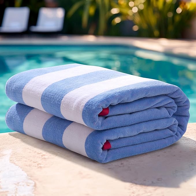 Juicy Couture Blue/White Hot Pink/White Reversible Cabana 36" x 72" 100% Cotton Oversized Beach Towel - Soft, Absorbent, and Quick-Drying, Perfect for Beach, Pool, or Travel