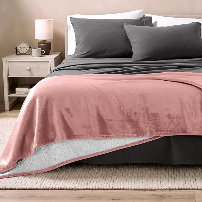 Bare Home Sherpa Fleece Blanket - Full/Queen Size - Blanket for Bed, Sofa, and Couch - Warm & Lightweight - Fluffy & Soft - Reversible (Full/Queen, Old Rose)