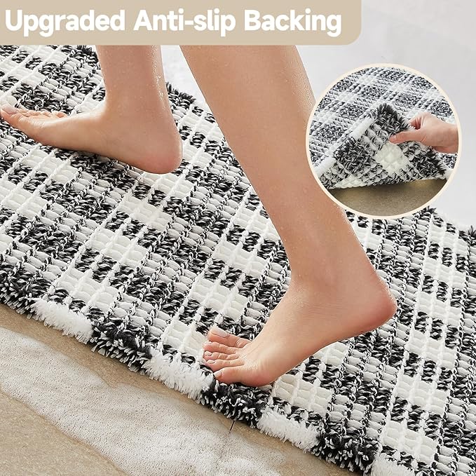 Waffle Bath Mat, Boho Bathroom Rugs Non Slip Washable Absorbent Checkered Bathroom Mat Quick Dry Farmhouse Bathroom Decor, 36"x24" Black and White