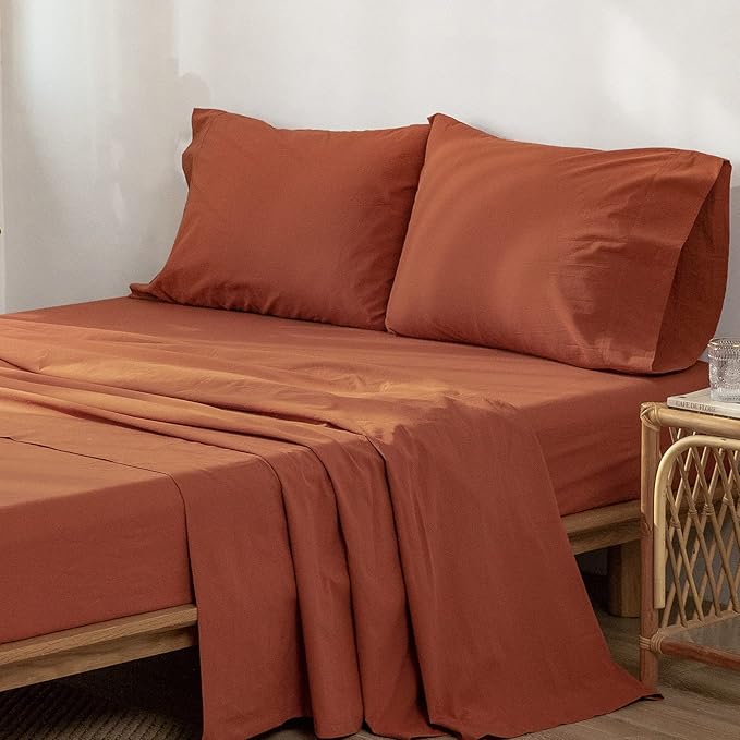 MooMee Bedding Sheet Set 100% Washed Cotton Linen Like Textured Breathable Durable Soft Comfy (Solid Rust Brown, Full)