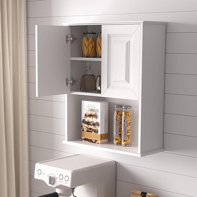 Bathroom Wall Cabinet Wooden with 2 Doors,Over the Toilet Storage Cabinet,Bathroom and Laundry Wall Mount Storage Medicine Cabinet with Open and Adjustable Shelf,Easy Assembly (Style B-1 PC, White)