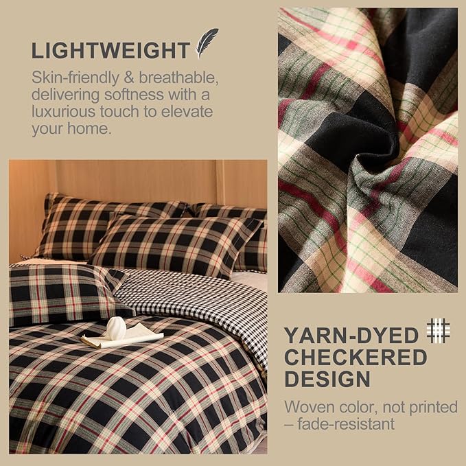 100% Cotton Comforter Set Full Size – Reversible Yarn-Dyed Checkered Design, Soft Washed Cotton on Both Sides, Lightweight All-Season Bedding, Machine Washable(Black Red Plaid, 80”x90”)