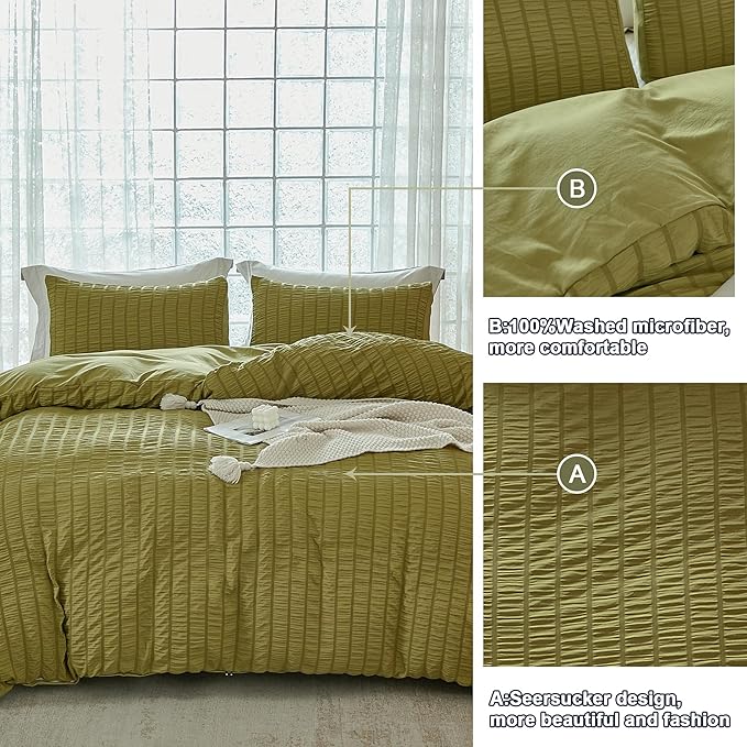 AveLom Olive Green Seersucker Duvet Cover Set Queen Size (90 x 90 inches), 3 Pieces (1 Duvet Cover + 2 Pillowcases), Ultra Soft Washed Microfiber, Textured Duvet Cover with Zipper Closure, Corner Ties
