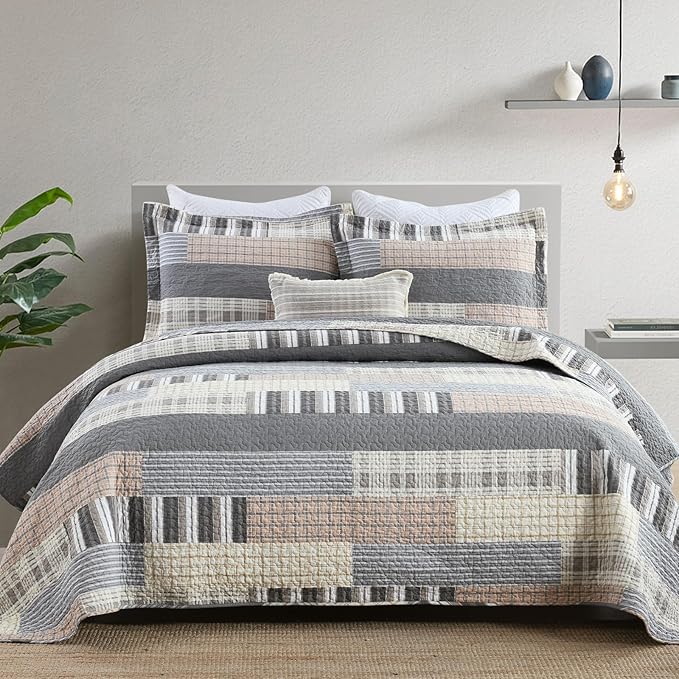 Farmhouse King Quilt Set - 100% Cotton Patchwork Striped Plaid King Size Quilt Bedspread, Grey Brown Beige Lightweight Reversible Coverlet Bedding Set with 2 Pillow Shams, All Season-98x90