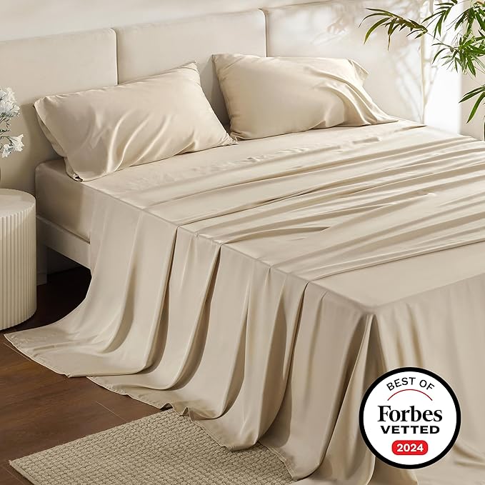 Bedsure King Size Sheet Set, Cooling Sheets King, Rayon Derived from Bamboo, Deep Pocket Up to 16", Breathable & Soft Bed Sheets, Hotel Luxury Silky Bedding Sheets & Pillowcases, Beige