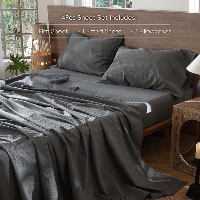 MooMee Bedding Sheet Set 100% Washed Cotton Linen Like Textured Breathable Durable Soft Comfy (Heathered Dark Grey, Full)