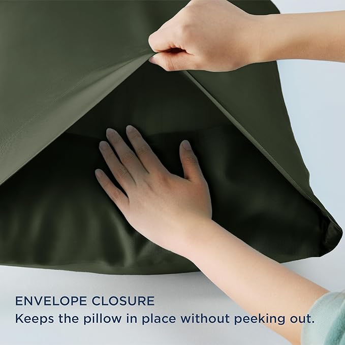 Bedsure Pillow Cases Queen, Cooling Pillow Cases, Rayon Derived from Bamboo Olive Green Pillowcases Queen Size Set of 2, Soft & Breathable Bedding Pillow Covers with Envelope Closure, 20x30 Inches