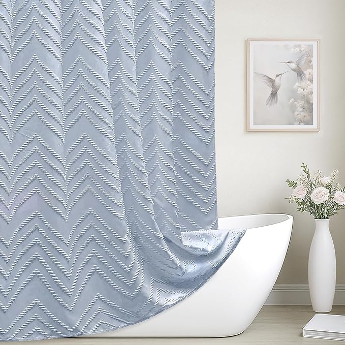 78inches Long Light Blue Boho Fabric Shower Curtain Tufted Chevron Striped Textured Cloth Curtains for Bathroom, Fog Blue