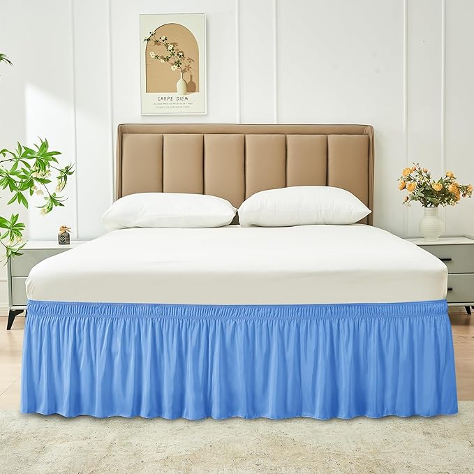 Biscaynebay Wrap Around Bed Skirts for Twin & Twin XL Beds 15" Drop, Denim Blue Elastic Dust Ruffles with Adjustable Belts Silky Luxrious Fabric Machine Washable