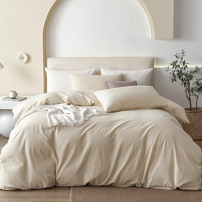 JIYUAN 100% Washed Cotton Duvet Cover Set 3 Pieces Alaska King, 1 Duvet Cover 132x120 Inches(Comforter Not Included) and 2 Pillowcases,Linen Feel Bedding Set Comfy and Breathable,Heathered Beige