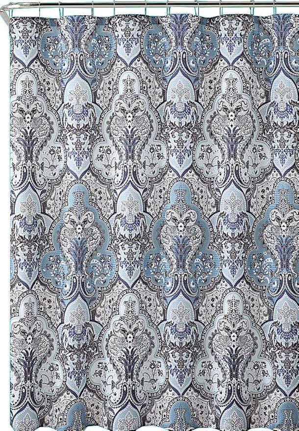 Decorative Blue & Silver Grey Gray Boho Fabric Shower Curtain, Modern Farmhouse for Vintage Rustic Bathroom Decor, Floral Victorian, 72 x 70