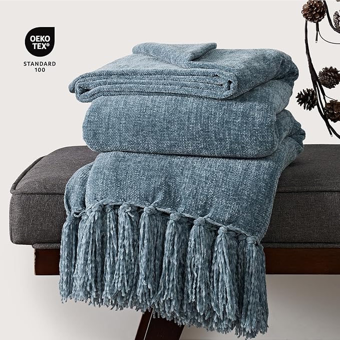 EVERGRACE Soft Chenille Throw Blanket for Couch, Cozy Plush Fuzzy Decorative Chenille Knit Throw Blanket with Tassels, Lightweight Blanket and Throws for Bed Sofa Gift Home Decor, Cloud Blue 50"x60"