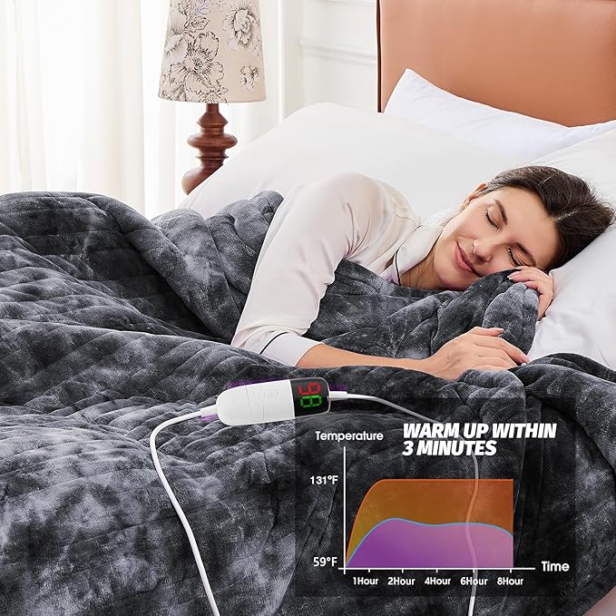 greenoak Heated Electric Blanket Throw, Faux Fur Sherpa Heating Blanket for Sofa Bed, Warm Winter Gift for Dad/Grandma, Heater Lap Blankets 5-Position Timer &10 Heating Levels 72''*84" Marble Grey