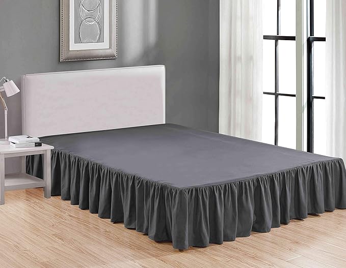 Sheets & Beyond Wrap Around Solid Microfiber Luxury Hotel Quality Fabric Bedroom Gathered Ruffled Bedding Bed Skirt 14 Inch Drop (Queen, Charcoal)