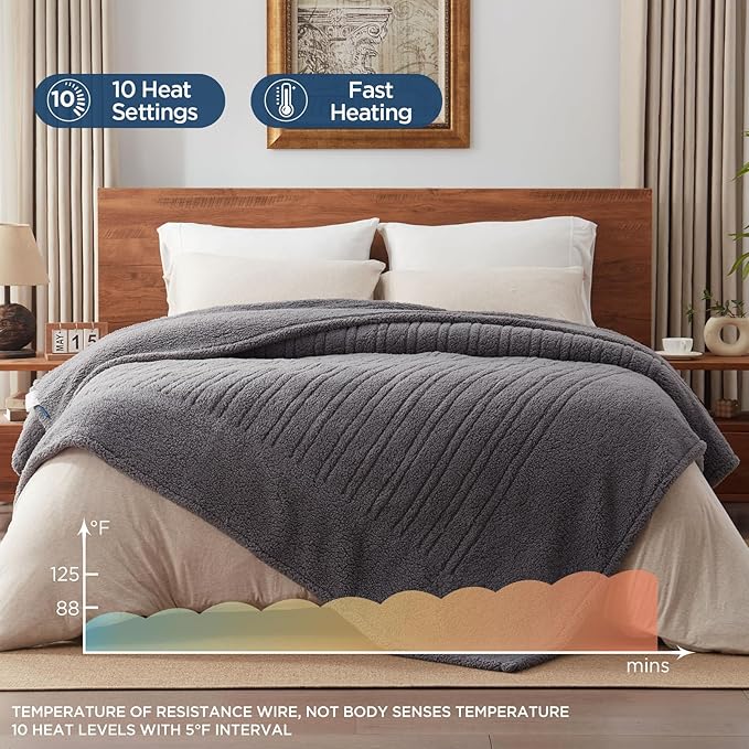 Westinghouse Electric Blanket Full Size, Soft Plush Sherpa Heated Blanket with 10 Heating Levels & 1-12 Hours Auto-Off, Machine Washable, 80x84 inches, Darkgrey