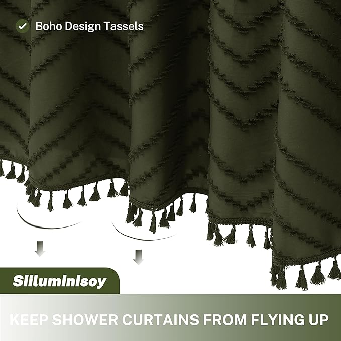 Extra Long Olive Green Boho Shower Curtain with Tassel, Woven Fabric 84 in Shower Curtain, Tufted Chevron Striped, 72 x 84, Modern Chic Textured Minimalist Bathroom Shower