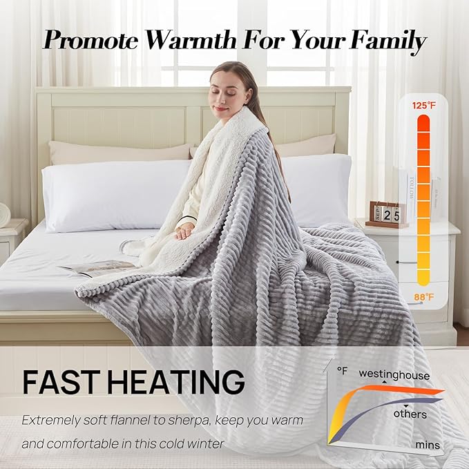 Westinghouse Full Size Heated Blanket, Soft Flannel to Sherpa Reversible, Electric Blanket Full with 10 Heating Settings & 1-12 Hours Auto Shut Off, Machine Washable, (72" x 84", Light Grey)