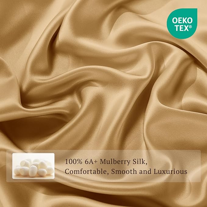 THXSILK 100% Pure Mulberry Silk Duvet Cover Set 3 Piece, 6A+ Grade Luxury Soft Bedding Silk Sheets for Hair and Skin, 1 Pcs Quilt/Comforter Cover with 2 Zippered Pillowcases (Metallic Gold, Twin)