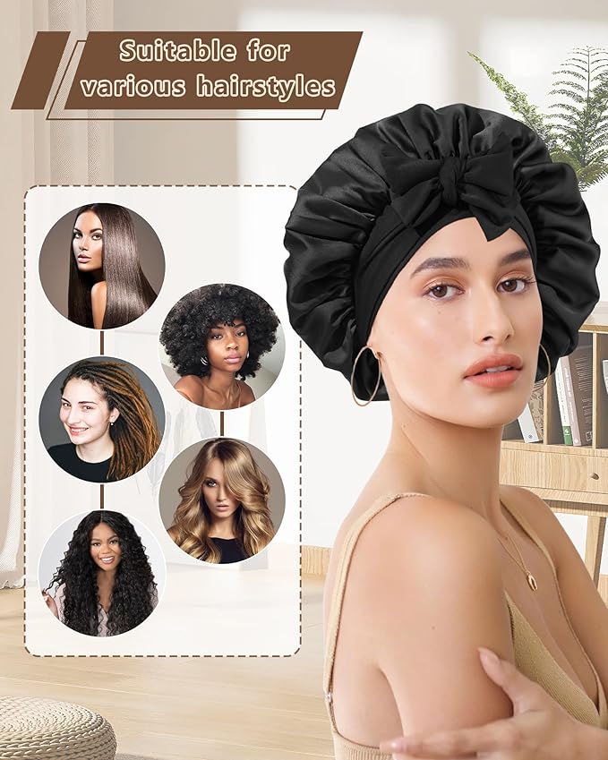 AWAYTR Women Satin Bonnet for Sleeping - Double Layer Silk Hair Bonnet with Elastic Tie Band for Braids Curly Hair