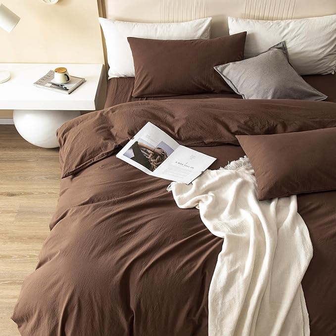 JIYUAN 100% Washed Cotton Duvet Cover Set 3 Pieces Oversized Queen, 1 Duvet Cover 98x98 Inches(Comforter Not Included) and 2 Pillowcases,Linen Feel Bedding Set Comfy and Breathable,Chocolate Brown