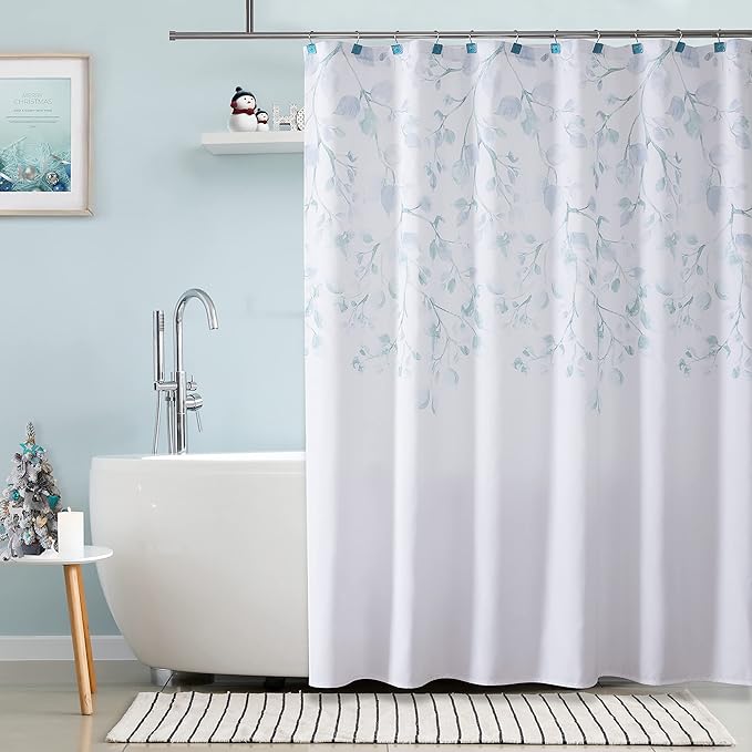 Central Park Teal Blue Leaf Shower Curtain Water Resistant Decorative Sweeping Floral Print Canvas Bathroom Spa Hotel Shower Curtain with Buttonholes (White, 70"x72")