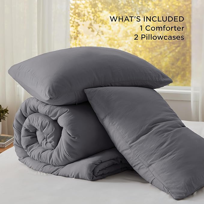 Bedsure Full Size Comforter Set, Dark Grey Soft Prewashed Bedding for All Seasons, 3 Pieces GentleSoft™ Warm Down Alternative Bed Set, 1 Lightweight Comforter (82"x86") and 2 Pillowcases (20"x26")
