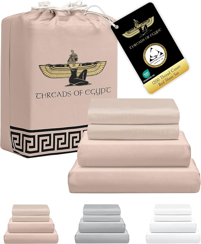 100% Egyptian Cotton Sheets King Size | 1200 Thread Count | CEA Gold Seal Certified | Ultra Soft | Cooling for Hot Sleepers | 18" Deep Pocket | King Size [Dune]