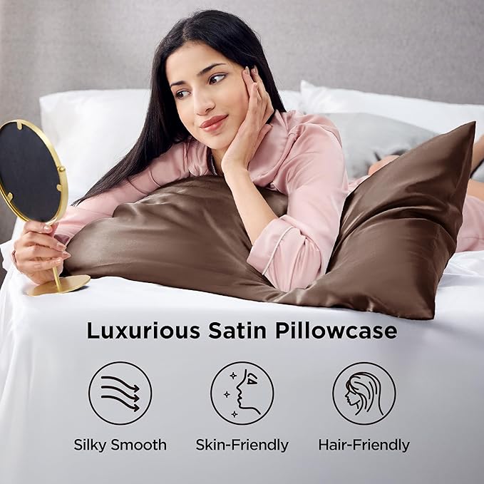 Bedsure Satin Pillowcase 2 Pack Similar to Silk Pillow Cases Standard Size, Pillow Case for Sleeping Women with Envelope Closure, Gifts for Women Men, Brown, 20x26 Inches, 2pcs