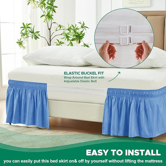 Biscaynebay Wrap Around Bed Skirts for Twin & Twin XL Beds 15" Drop, Denim Blue Elastic Dust Ruffles with Adjustable Belts Silky Luxrious Fabric Machine Washable