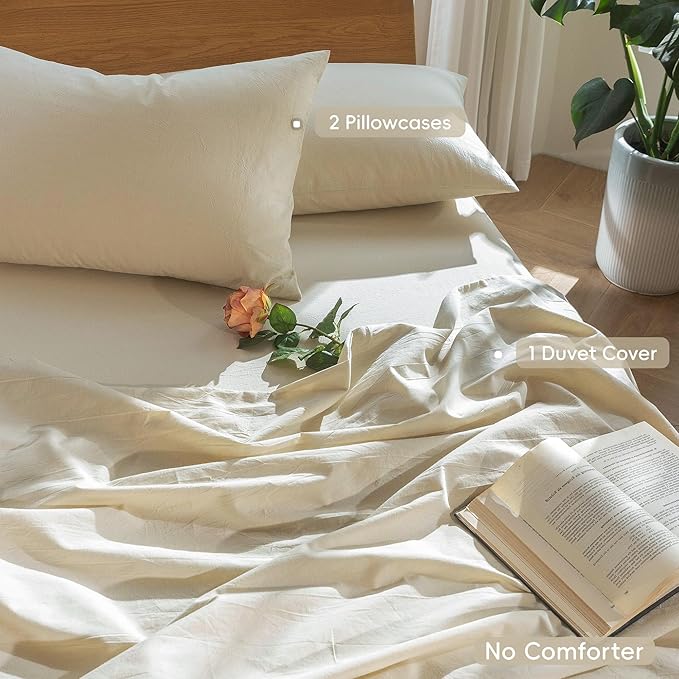 MooMee Bedding Duvet Cover Set 100% Washed Cotton Linen Like Textured Breathable Durable Soft Comfy (Heathered Almond Milk Grey, Queen 90"x90")