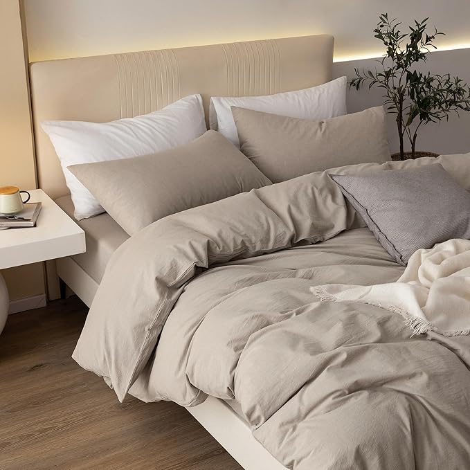 JIYUAN 100% Washed Cotton Duvet Cover Set Oversized King, 1 Duvet Cover 120"x98" (Comforter Not Included) and 2 Pillowcases,Linen Feel Bedding Set Comfy and Breathable, Heathered Tannish Linen Grey