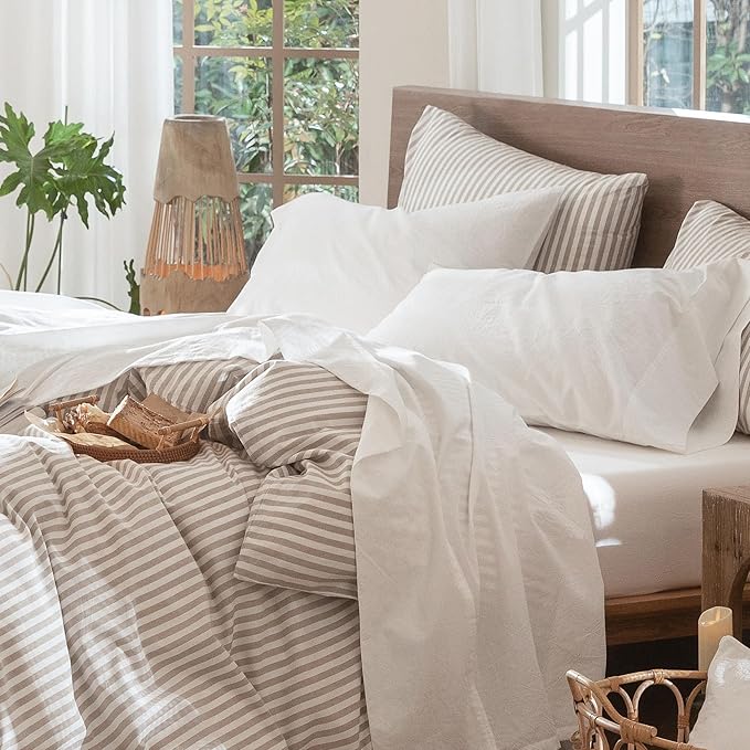 MooMee Bedding Sheet Set 100% Washed Cotton Linen Like Textured Breathable Durable Soft Comfy (Solid Off White, Twin XL)