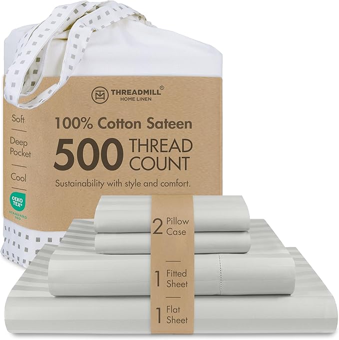 Threadmill 500 Thread Count King Size Damask Stripe, 4 Pc Luxury Cotton Bed Sheet Set, Silky Soft Light Grey Sheets with 16" Elasticized Deep Pocket, 2 Pillowcases & Free Tote Bag